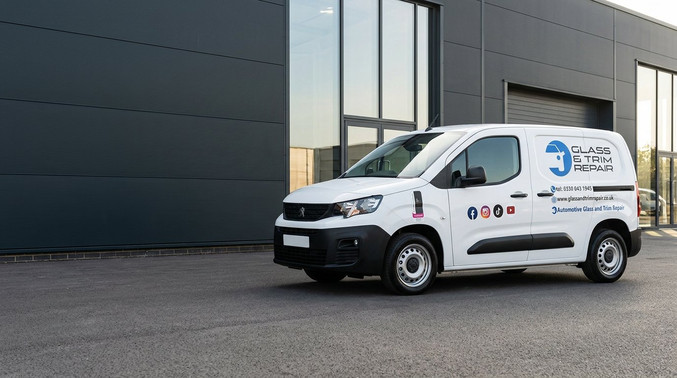 Glass & Trim Repair branded mobile repair van outside an automotive workshop